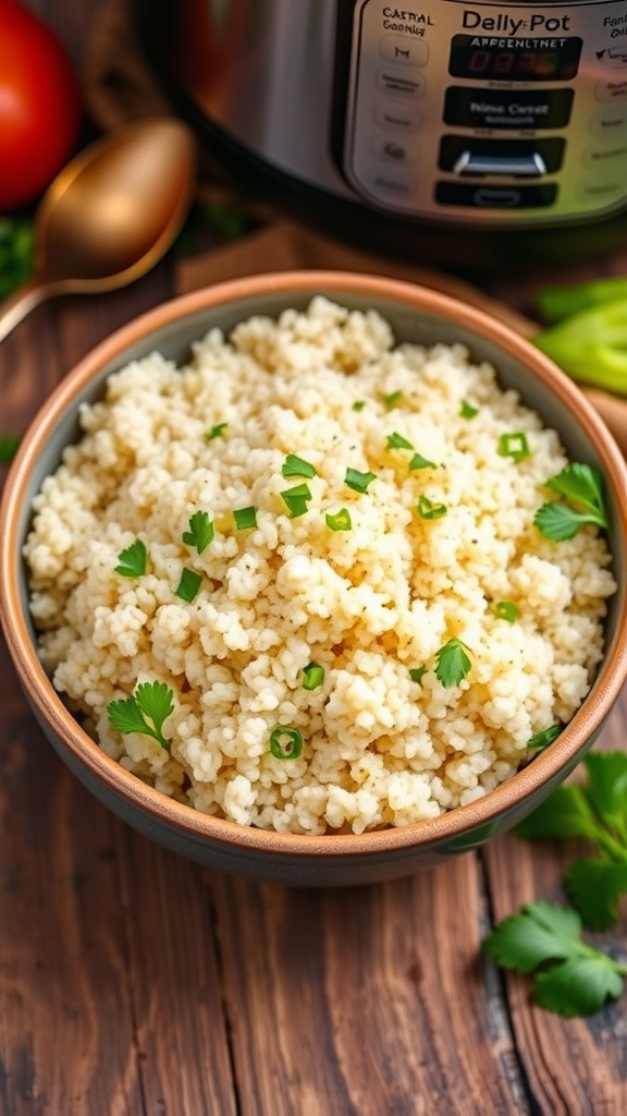 Fluffy quinoa in a bowl garnished with herbs, with a rice cooker in the background.
